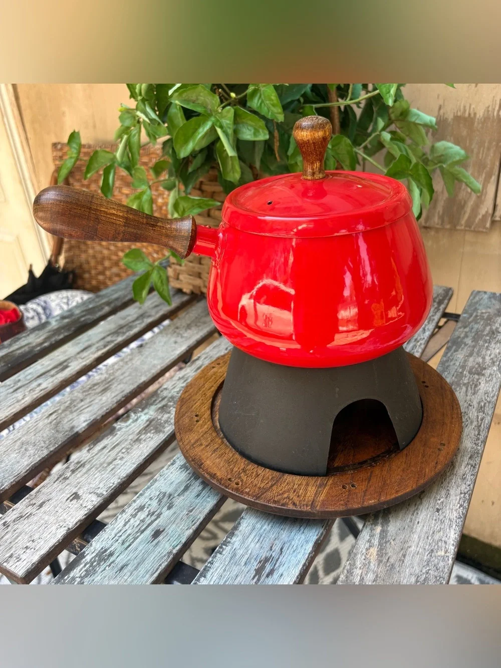 Vintage Japan Red Enamel Fondue Pot Serv Wood Hardwood Base MCM